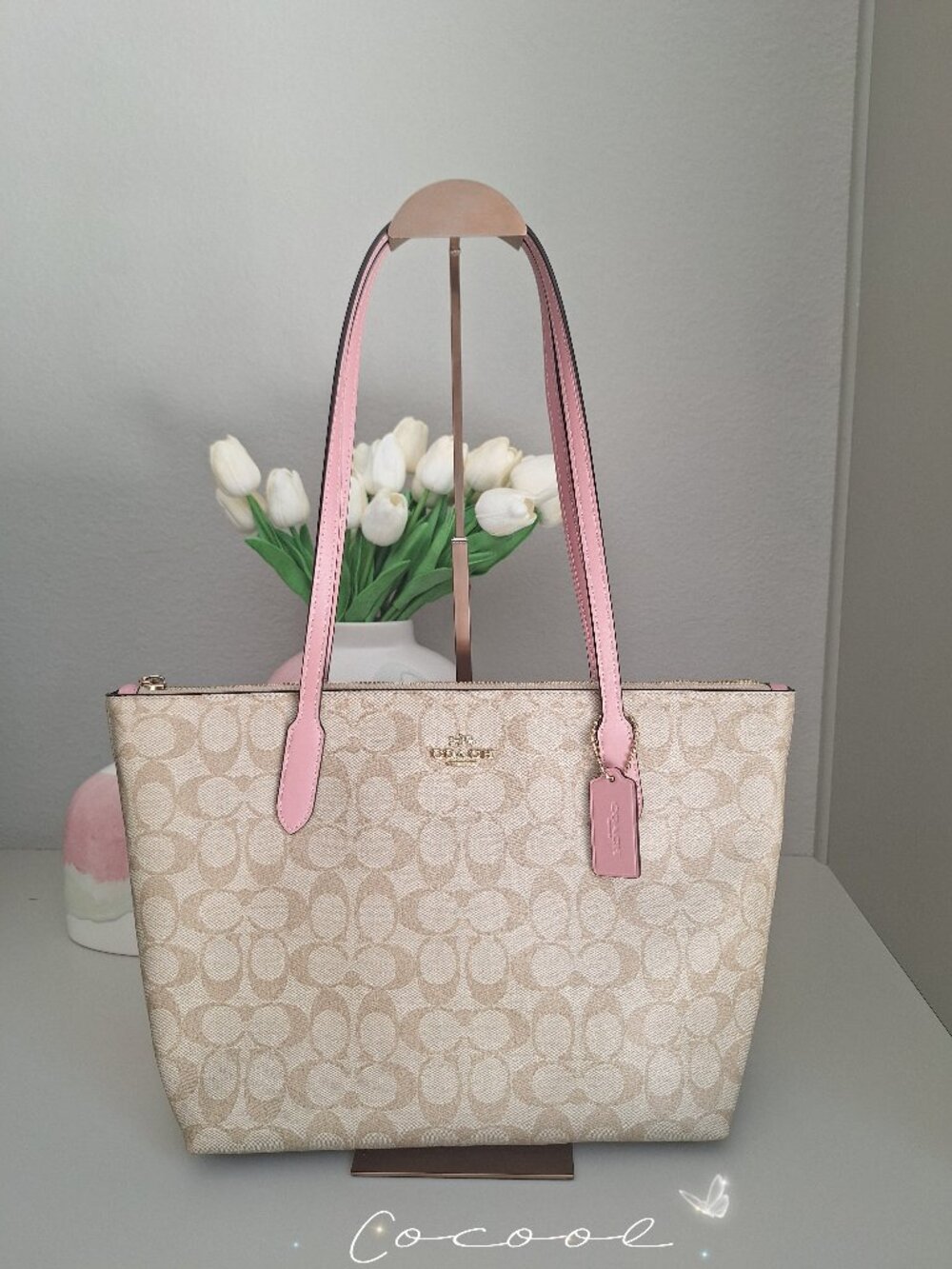 💝NEW COACH ZIP TOP TOTE IN SIGNATURE CANVAS/ LEATHER LIGHT KHAKI PINK